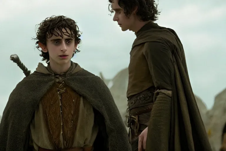 Image similar to timothee chalamet plays an elf in the lord of the rings return of the king, highly detailed, cinematic lighting, 4 k, arricam studio 3 5 mm film camera, kodak 5 2 7 9 ( tungsten - balanced ) film stock