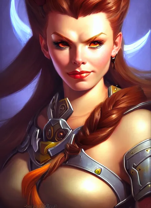 Image similar to cute brigitte from overwatch, fantasy, fantasy art, character portrait, portrait, close up, highly detailed, intricate detail, amazing detail, sharp focus, vintage fantasy art, vintage sci - fi art, radiant light, caustics, by boris vallejo