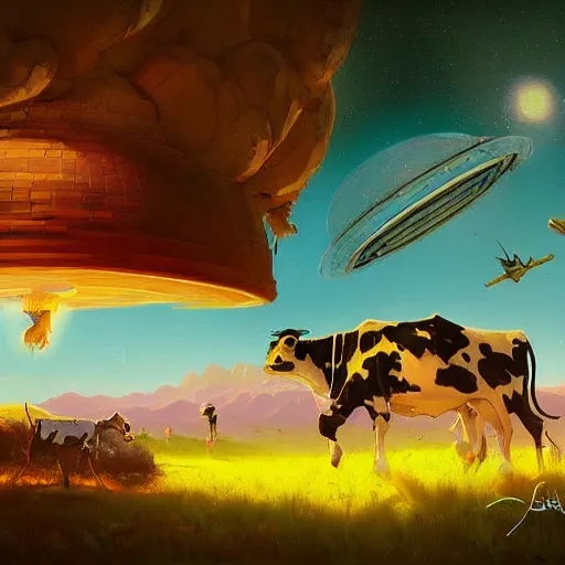 Image similar to ufo wants to steal a cow, Bright colors, fantastic landscape, hyperrealism, no blur, 4k resolution, ultra detailed, style of Anton Fadeev, Ivan Shishkin, John Berkey