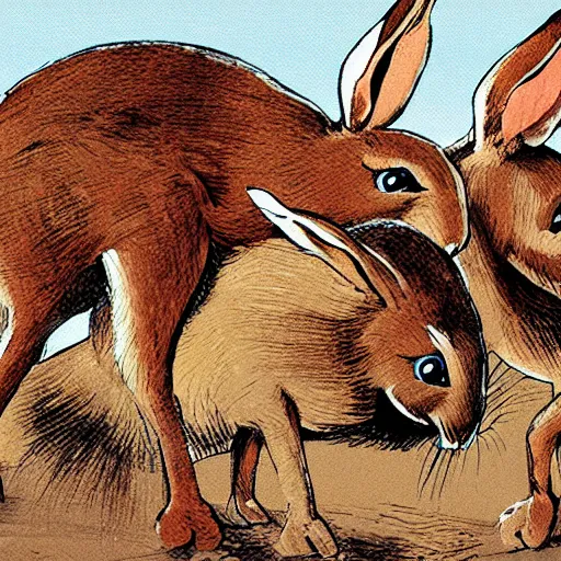 Image similar to an illustration of the terrified rabbits of watership down