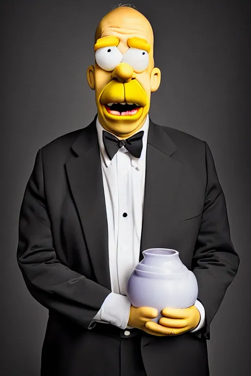 Image similar to studio portrait of man that looks excactly like homer simpson, lookalike, as if homer simpson came to life, soft light, black background, fine details, close - up, award winning photo by martin schoeller