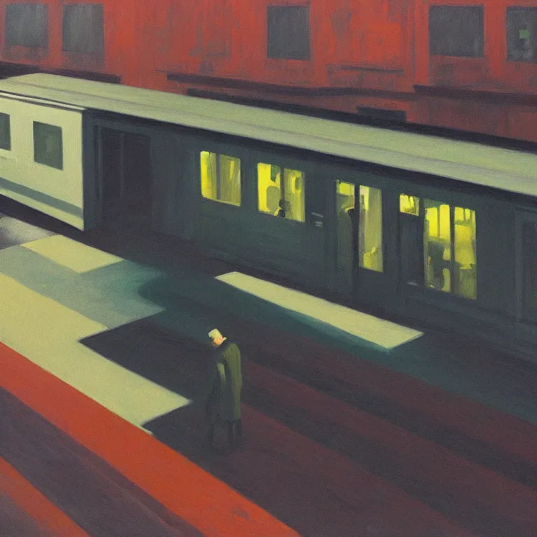 Image similar to dark city raised train platform, painted by Edward Hopper and James Gilleard, oil painting