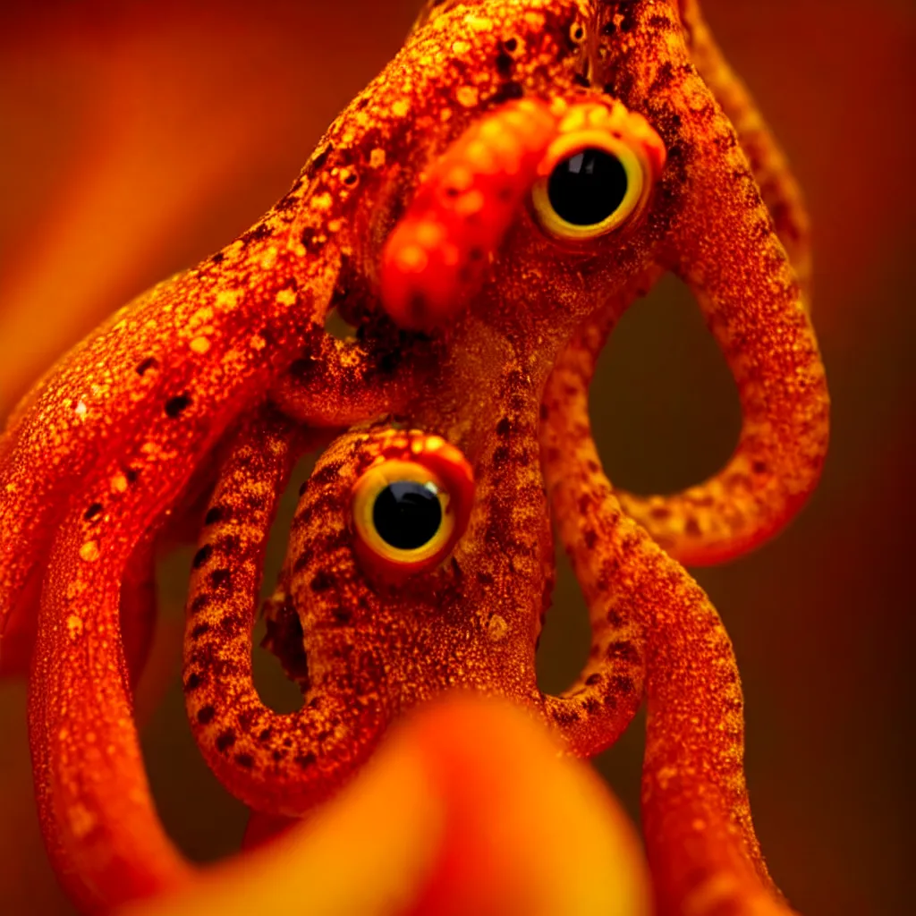 Image similar to fiery whimsical emotional eyes cephalopod, in a photorealistic macro photograph with shallow dof