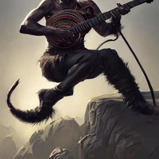 Image similar to a award winning commission portrait of a fit anthro black tiger aying a guitar,digital art,art by greg rutkowski,character design by charles bowater,detailed face,hyperdetailed,photorealistic,artstation,deviantart,4k,western comic art,sharp,high definition,peacful,calm,relaxing