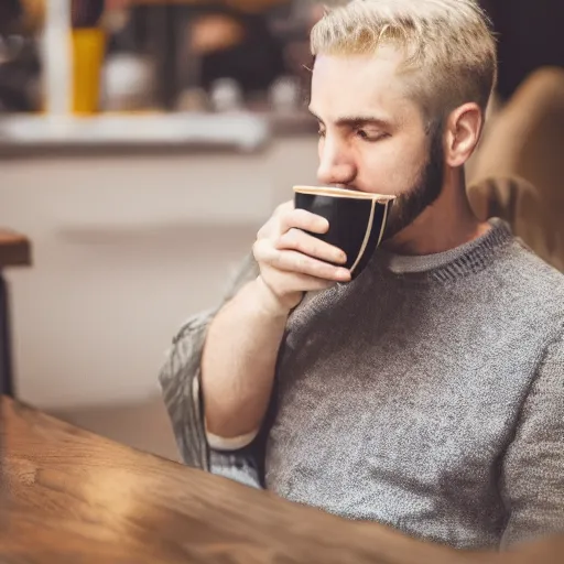 Prompt: a person with cup of coffee instead of a head,