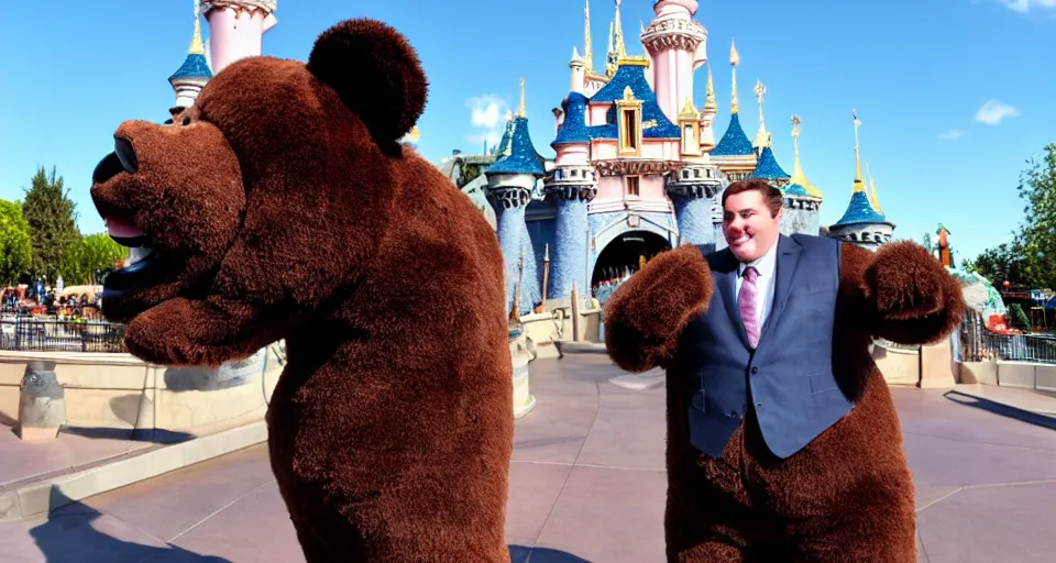 Image similar to disneyland in paris, with a giant bear with a suit