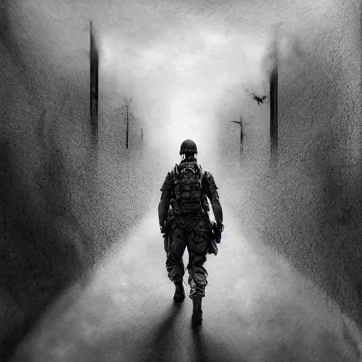 Prompt: pencil art, distant shot, realistic, cinematic, hyper detailed, smooth, hero walking up to the army to fight a war.