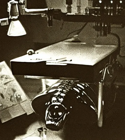 Image similar to Alien lying on an operation table in a lab, photograph from 1890, grainy, high detail, high resolution, by David Cronenberg