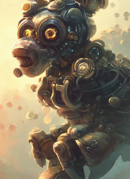 Image similar to a highly detailed illustration of gentle cute giant steampunk robot, cute glowing eyes and smile, adorably sitting gentle pose, intricate, elegant, highly detailed, centered, digital painting, artstation, concept art, smooth, sharp focus, league of legends concept art, WLOP