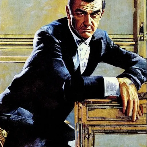 Prompt: “portrait of a young Sean Connery as James Bond, impeccably dressed, by Robert McGinnis”