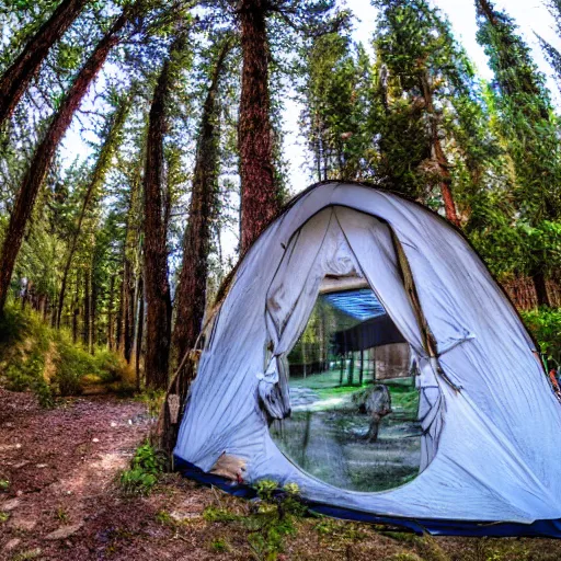 Image similar to ernest got to camp crystal lake, hyper realistic, fish eye lense