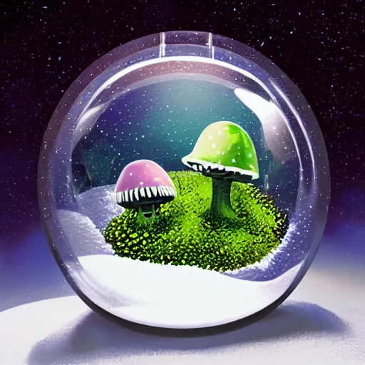 Image similar to alien planet, lush with fluorescent mushrooms encapsulated in a snow globe, high detail, photorealistic