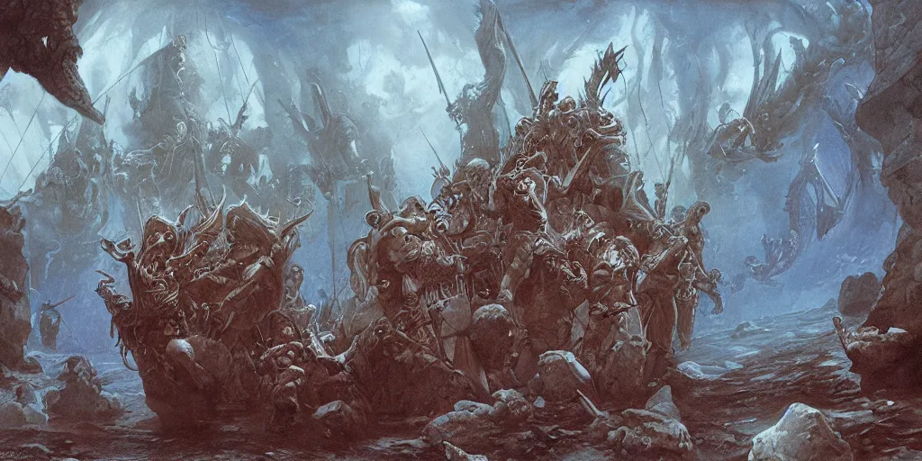 Prompt: art by john howe of the repelling of invaders by making a deal with the devil and finding a secret underwater entrance.