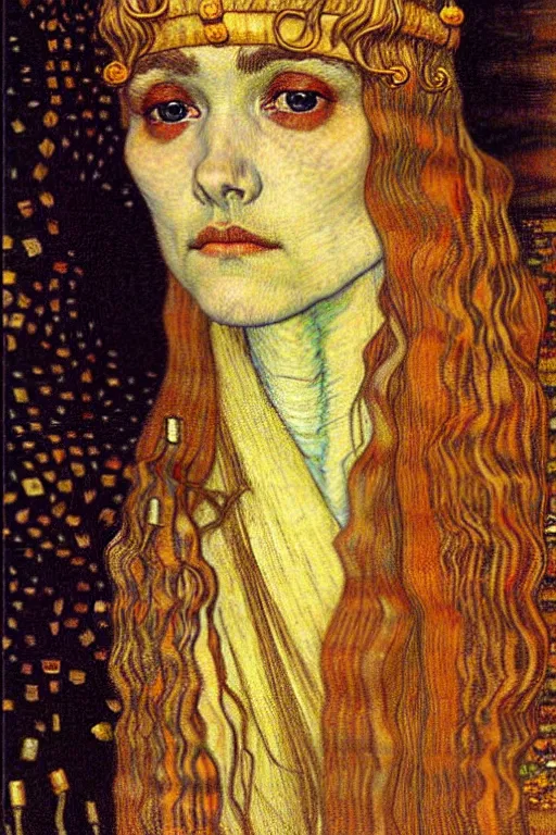 Image similar to detailed realistic beautiful young medieval queen face portrait by jean delville, gustav klimt and vincent van gogh, art nouveau, symbolist, visionary, gothic, pre - raphaelite, muted earthy colors, desaturated