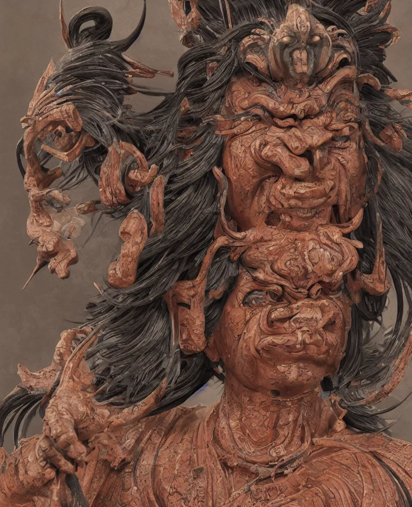 Image similar to ancient japanese, oni goddess statue, painted, bust portrait body, kamakura period, hyper realistic, texture details, high fidelity, like arsen asyrankulov, intricate, highly detailed, digital painting, artstation, concept art, smooth, sharp focus, illustration, art by artgerm and tian zi and alphonse mucha and greg rutkowski,