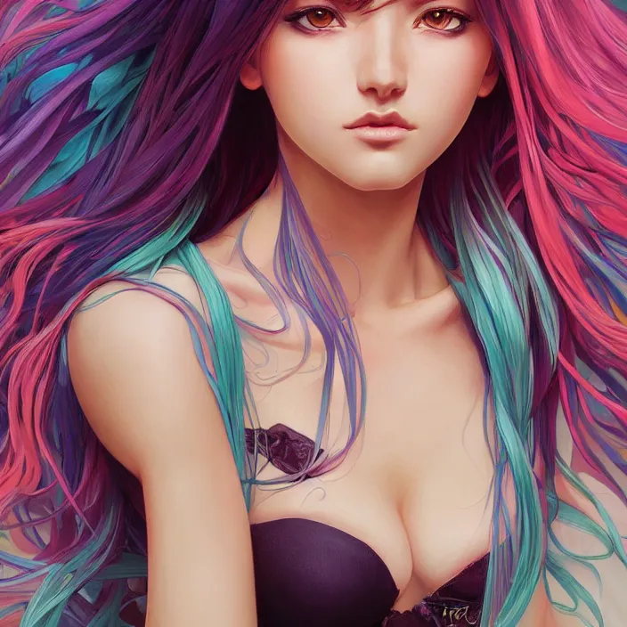 Image similar to portrait of beautiful symmetrical anime girl, rainbow hair, attractive, casual, modern, victoria's secret, highly detailed, digital painting, artstation, concept art, smooth, sharp focus, illustration, art by artgerm, greg rutkowski and alphonse mucha, 8 k,