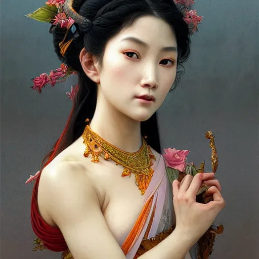 Prompt: portrait of asian goddess, intricate, elegant, highly detailed, digital painting, artstation, concept art, smooth, sharp focus, illustration, art by artgerm and greg rutkowski and alphonse mucha and william - adolphe bouguereau