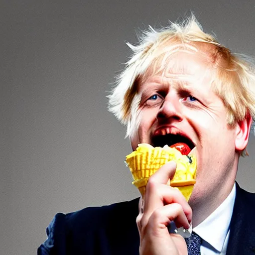 Image similar to boris johnson grinning and eating an ice cream on a hot summer day, patriotic dramatic angle, studio photography