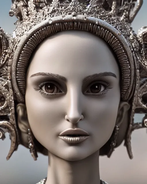 Image similar to highly detailed closeup, face profile portrait of a tin toy natalie portman as the staue of liberty, bikini, depth of field, nicoletta ceccoli, mark ryden, lostfish, max fleischer, breathtaking, detailed and intricate environment, 8 k resolution, hyperrealistic, octane render
