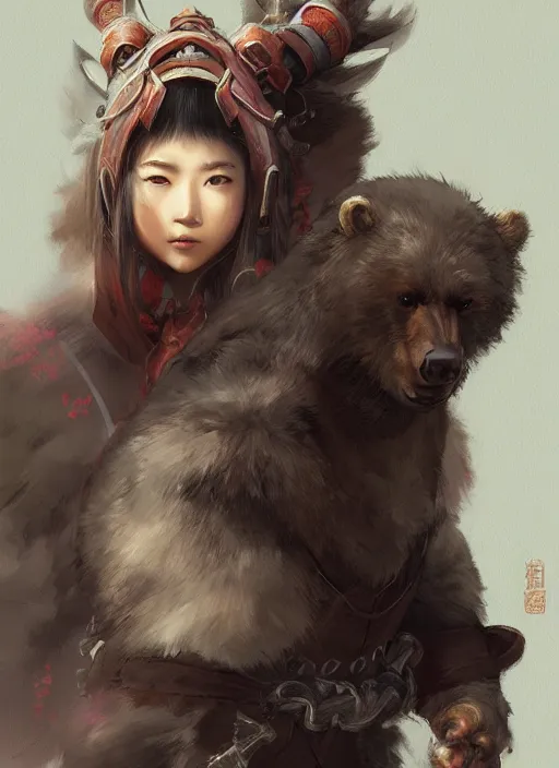 Image similar to japanese girl and a samurai werebear, d & d, fantasy, portrait, highly detailed, digital painting, trending on artstation, concept art, sharp focus, illustration, art by artgerm and greg rutkowski and magali villeneuve