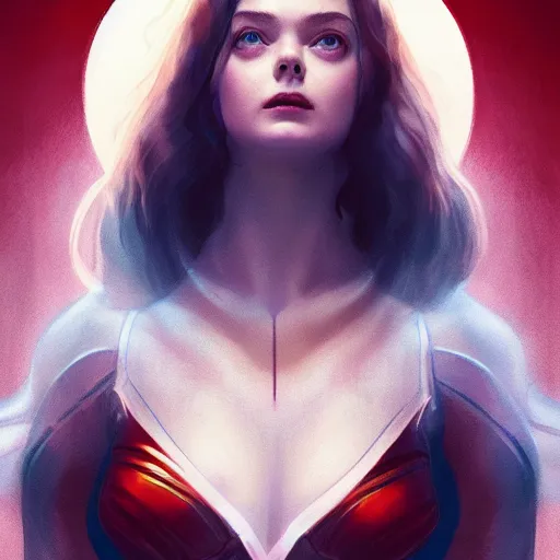 Prompt: portrait of modern darna, elle fanning in santorini as scarlett witch in prey, intricate, elegant, dark vibes, highly detailed, digital painting, artstation, glamor pose, concept art, smooth, sharp focus, illustration, art by wlop, mars ravelo and greg rutkowski