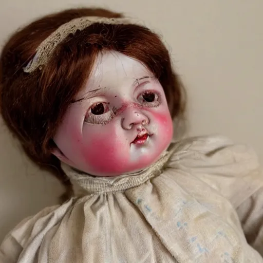 Image similar to A sweet, sad, beautifully shabby antique composition baby doll. She has unusually expressive tin litho sleep eyes, that look as if they’ve seen a world of melancholy.