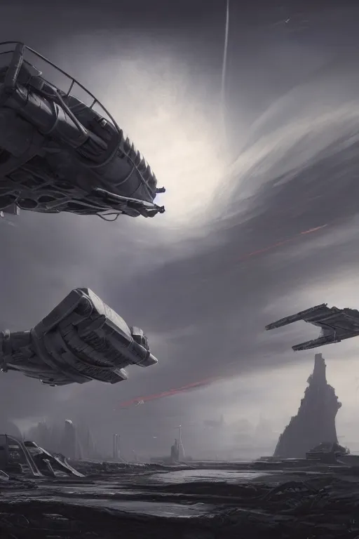 Image similar to grey scifi spacecraft fired from launch platform, landscape, alex ross, eddie mendoza, raphael lacoste, sebastian ludke, concept art, matte painting, highly detailed, rule of thirds, dynamic lighting, cinematic, realism, realistic, photo real, detailed, magnificiant landscape, denoised, centerd