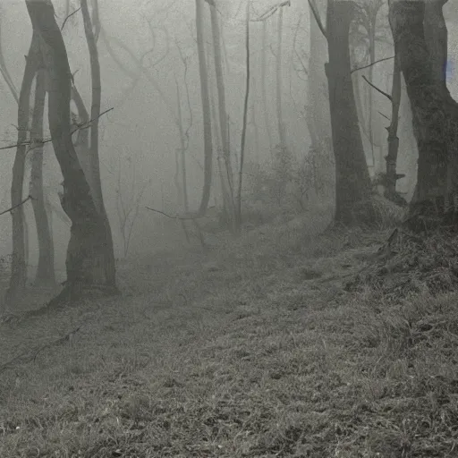 Prompt: mysterious and scary forest, mist, birds, a little daemond , 1972 photo