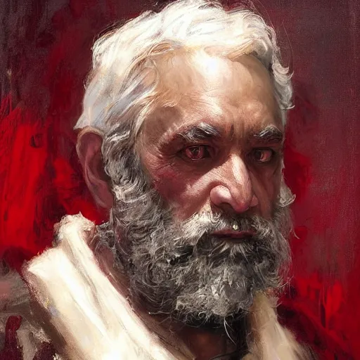 Image similar to Solomon Joseph Solomon and Richard Schmid and Jeremy Lipking victorian genre painting portrait painting of a old rugged dragon character in fantasy costume, red background