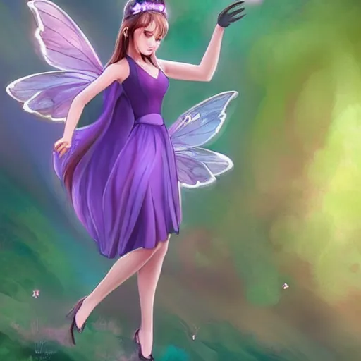 Image similar to very very very beautiful tiny princess in her 20s with fairy wings wearing skintight purple dress, making eye contact, smiling, flirty, perfect body, perfect face, drawn by artgerm