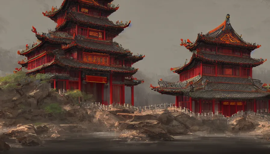 Image similar to enviroment concept art of chinese temple by jama jurabaev, cinematic shot, brush hard, artstation, for aaa game, high quality, brush stroke