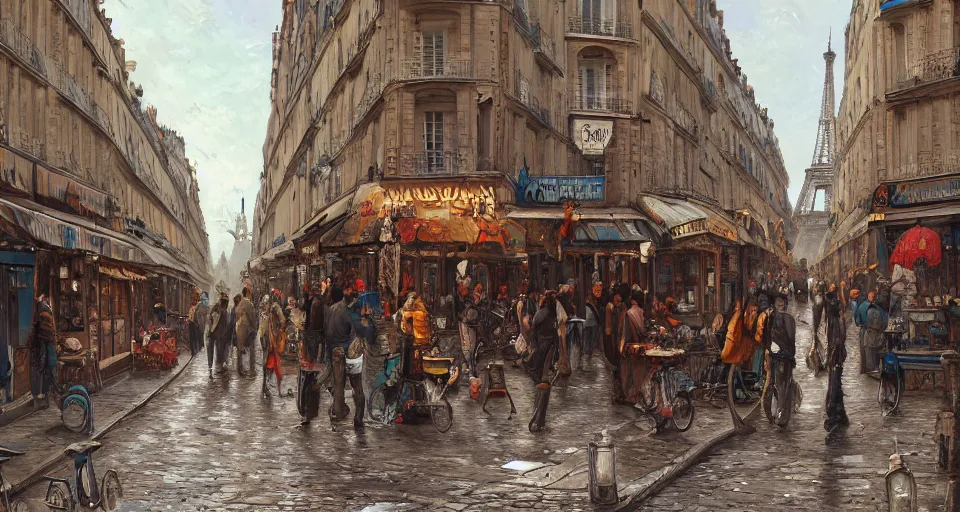 Prompt: paris 1888, street scene, street level, hyperdetailed, vivid colors, artstation, cgsociety, 8k