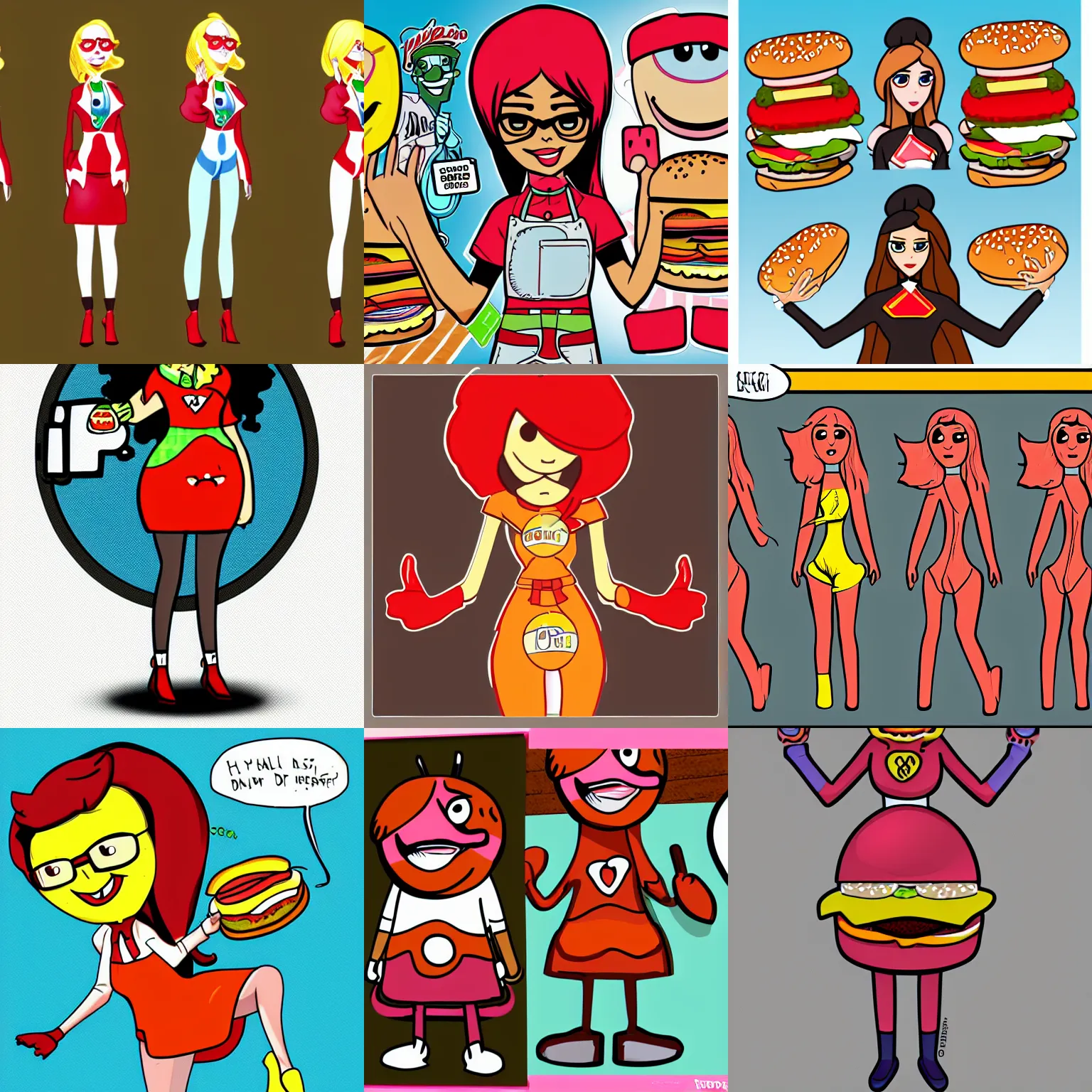 Prompt: anthro burger woman cartoon mascot, deviantart, webcomic
