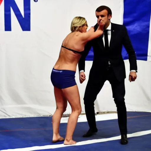 Prompt: Marine Le Pen punching Emmanuel Macron in a MMA ring