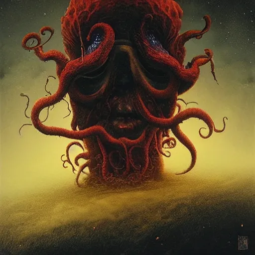 Image similar to the night sky is black and full of stars, huge red eyes are floating in the sky, their irises are red, ethereal tentacles, by Esao Andrews and Karol Bak and Zdzislaw Beksinski and Zdzisław Beksiński, trending on ArtStation, volumetric smoke