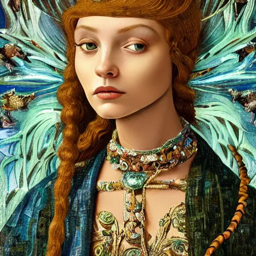 Prompt: intricate detail, hyper detail, african sybil, lady of elche techno mystic princess intergalactica, wearing labradorite full body armor,, hazel green eyes, teal eyebrows, with aqua neon rapunzel dreadlocks, detailed, by sandro botticelli, gaston bussiere, h. r. giger, masterpiece, sharp focus,