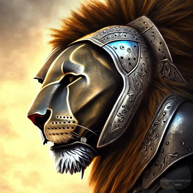 Image similar to warrior with metal lion armour, highly detailed, 4 k, hdr, smooth, sharp focus, high resolution, award - winning photo, artgerm, photorealistic
