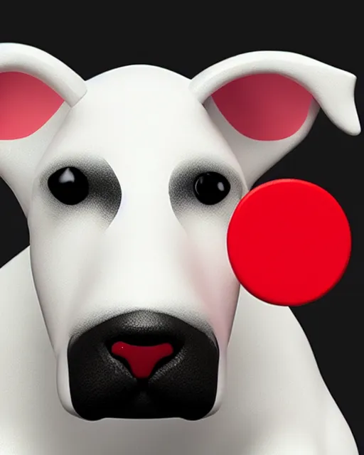 Prompt: 3d toy cute model of white bull terrier with red circle around left eye artistic ad campaign Portrait photo Leica Zeiss