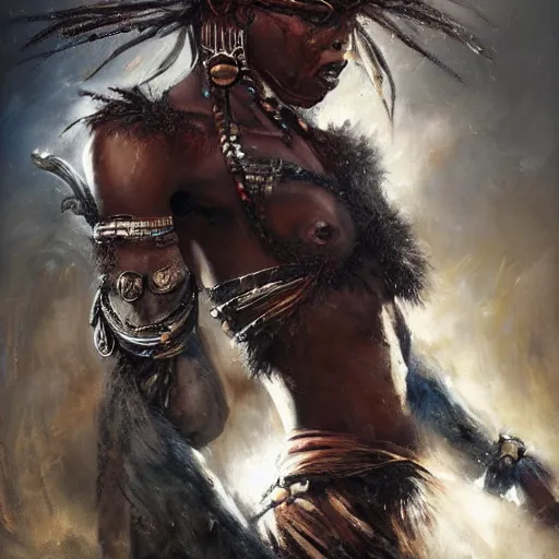 Prompt: african warrior, paint by Raymond Swanland