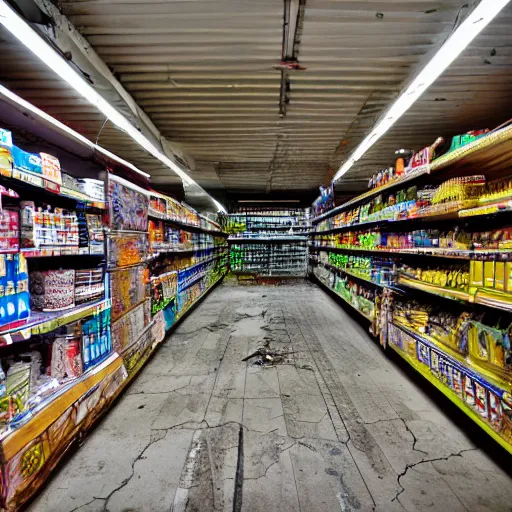 Prompt: ''high resolution urban exploration photography inside an abandoned supermarket with cobwebs and dust everywhere and shelves full of expired food'' - h 7 0 4