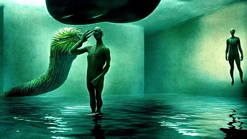 Image similar to the creature swims, water caustics, film still from the movie directed by denis villeneuve and david cronenberg with art direction by salvador dali and dr. seuss