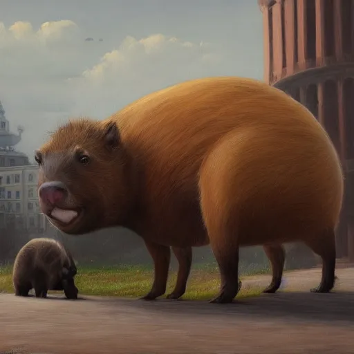 Prompt: an epic painting of lenin petting capybara, oil on canvas, social realism, perfect composition, golden ratio, beautiful detailed, photorealistic, digital painting, concept art, smooth, sharp focus, illustration, artstation trending, octane render, unreal engine