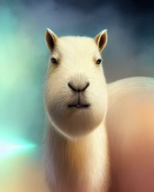 Image similar to complete and delicate portrait of a white capybara, beautiful, agile, fairy, myth, legend, detailed, trending on artstatioin, light effects, kilian eng, john harris, bastien lecouffe - deharme