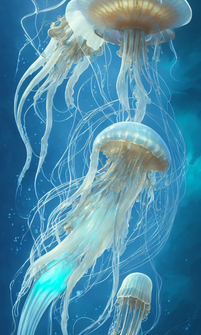 Image similar to detailed jellyfish, blue tones, underwater, full frame, highly detailed, digital painting, artstation, concept art, smooth, sharp focus, illustration, art greg rutkowski and alphonse mucha