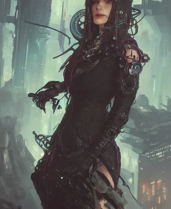 Prompt: portrait of a cyberpunk witch, half body, d & d, fantasy, intricate, elegant, highly detailed, digital painting, artstation, concept art, art by artgerm and greg rutkowski and alphonse mucha