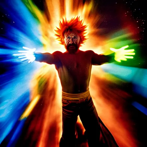 Image similar to uhd candid photo of cosmic chuck norris as a super sayian powering up, glowing, global illumination, studio lighting, radiant light, hyperdetailed, correct face, elaborate intricate costume. photo by annie leibowitz