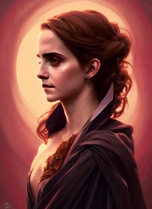 Image similar to portrait of emma watson as a vampire queen, jewelry, greek, saphire, intricate, headshot, highly detailed, digital painting, artstation, concept art, sharp focus, cinematic lighting, illustration, art by artgerm and greg rutkowski, alphonse mucha, cgsociety