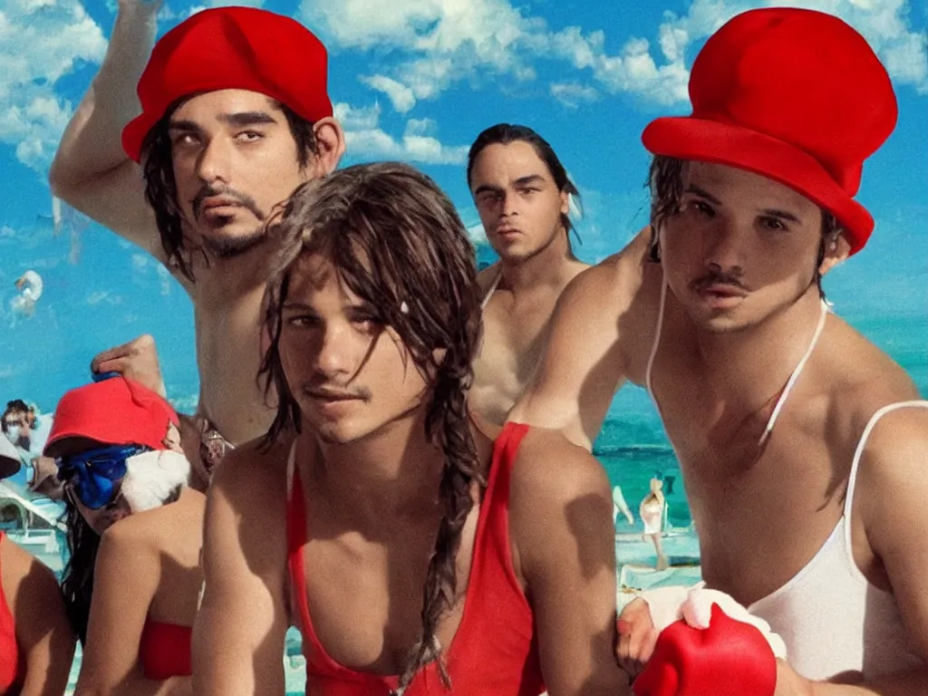Image similar to Mario in a red hat in the style of Harmony Korine Spring Breakers film aesthetic!!!