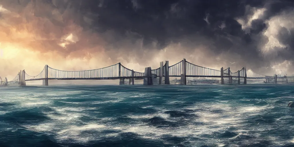 Prompt: buildings on top of a tall bridge over the ocean, tall arches, waves crashing, long city bridge fading off into the distance, city in the clouds, ships with sails, artstation