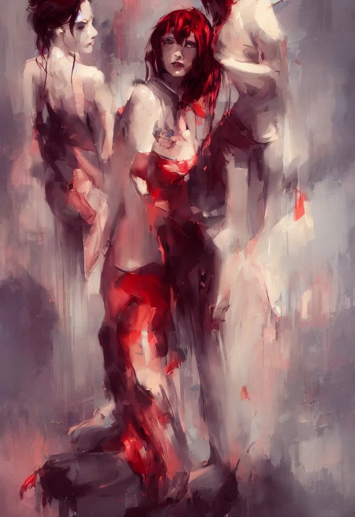 Image similar to full body portrait of a duo of 1 9 years old girl figures, messy hair, oriental tattoos, subjects wearing savile row menswear, beautiful, dramatic, cinematic lighting, few fire red highlights, visible brushstrokes, by ross tran and jeremy mann and guweiz, oil on canvas, artstation, pixiv